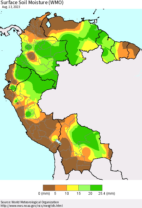 Northern South America Surface Soil Moisture (WMO) Thematic Map For 8/7/2023 - 8/13/2023