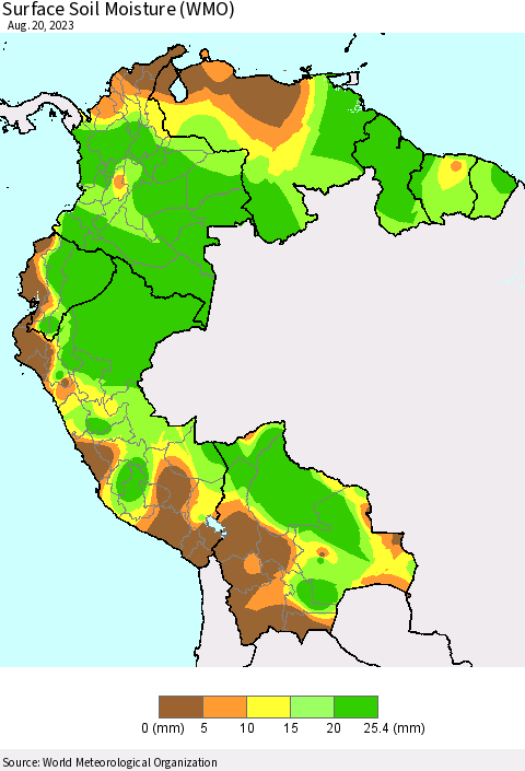 Northern South America Surface Soil Moisture (WMO) Thematic Map For 8/14/2023 - 8/20/2023