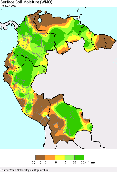 Northern South America Surface Soil Moisture (WMO) Thematic Map For 8/21/2023 - 8/27/2023