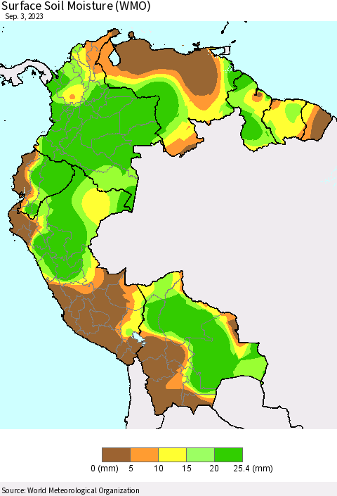 Northern South America Surface Soil Moisture (WMO) Thematic Map For 8/28/2023 - 9/3/2023