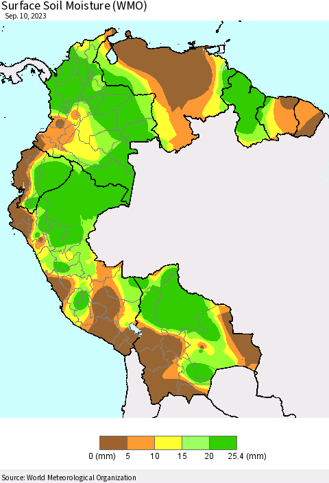 Northern South America Surface Soil Moisture (WMO) Thematic Map For 9/4/2023 - 9/10/2023