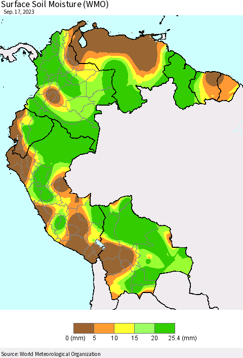 Northern South America Surface Soil Moisture (WMO) Thematic Map For 9/11/2023 - 9/17/2023