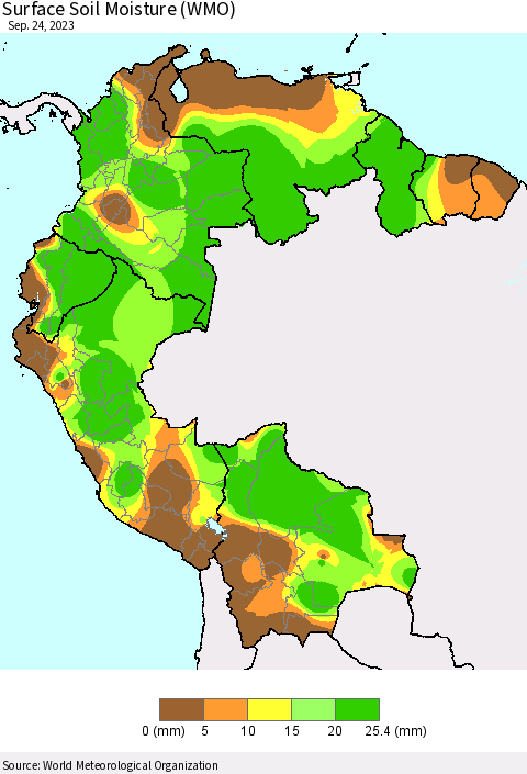 Northern South America Surface Soil Moisture (WMO) Thematic Map For 9/18/2023 - 9/24/2023