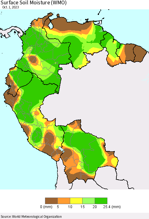 Northern South America Surface Soil Moisture (WMO) Thematic Map For 9/25/2023 - 10/1/2023