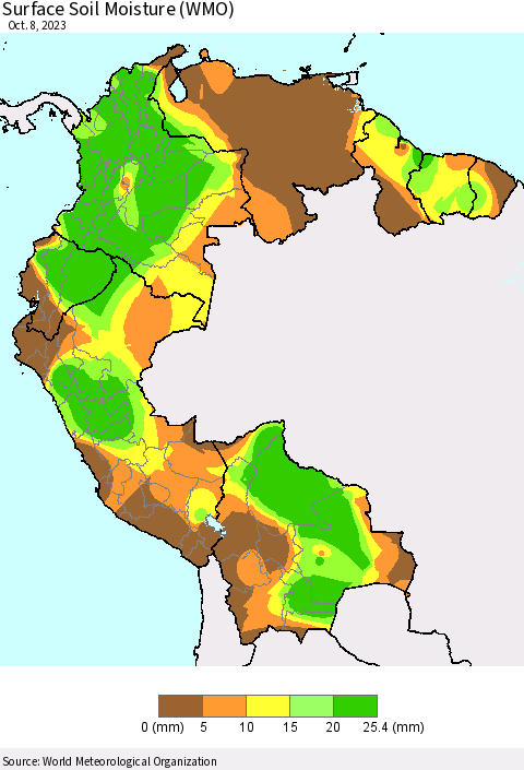 Northern South America Surface Soil Moisture (WMO) Thematic Map For 10/2/2023 - 10/8/2023