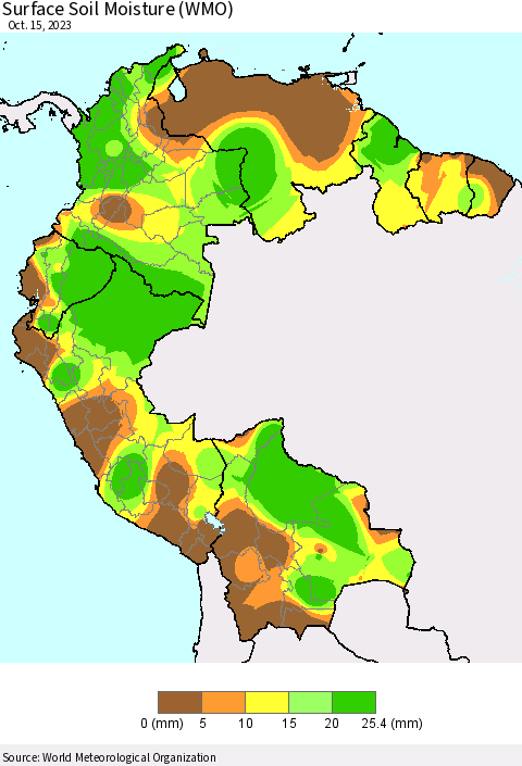 Northern South America Surface Soil Moisture (WMO) Thematic Map For 10/9/2023 - 10/15/2023