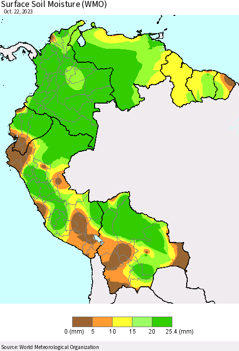 Northern South America Surface Soil Moisture (WMO) Thematic Map For 10/16/2023 - 10/22/2023