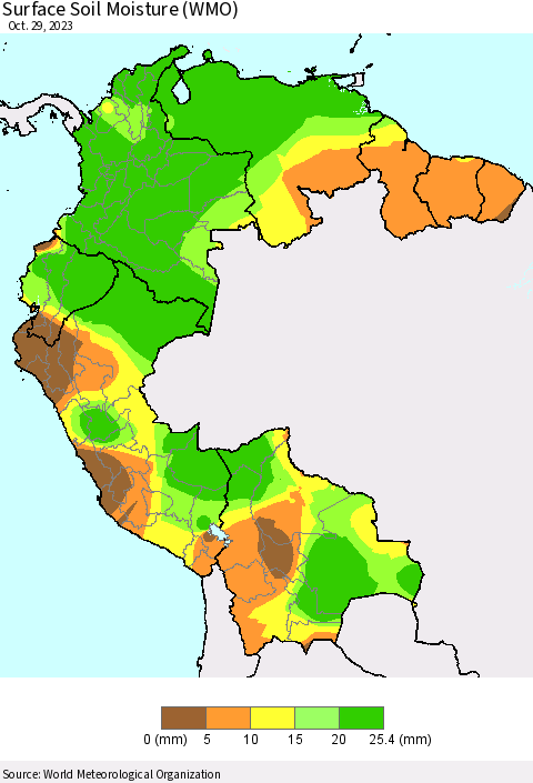 Northern South America Surface Soil Moisture (WMO) Thematic Map For 10/23/2023 - 10/29/2023