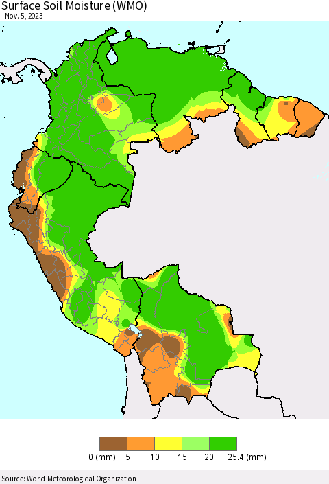 Northern South America Surface Soil Moisture (WMO) Thematic Map For 10/30/2023 - 11/5/2023