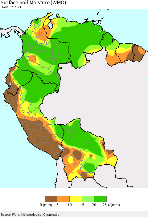 Northern South America Surface Soil Moisture (WMO) Thematic Map For 11/6/2023 - 11/12/2023