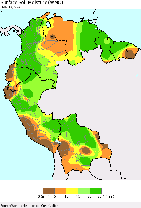 Northern South America Surface Soil Moisture (WMO) Thematic Map For 11/13/2023 - 11/19/2023