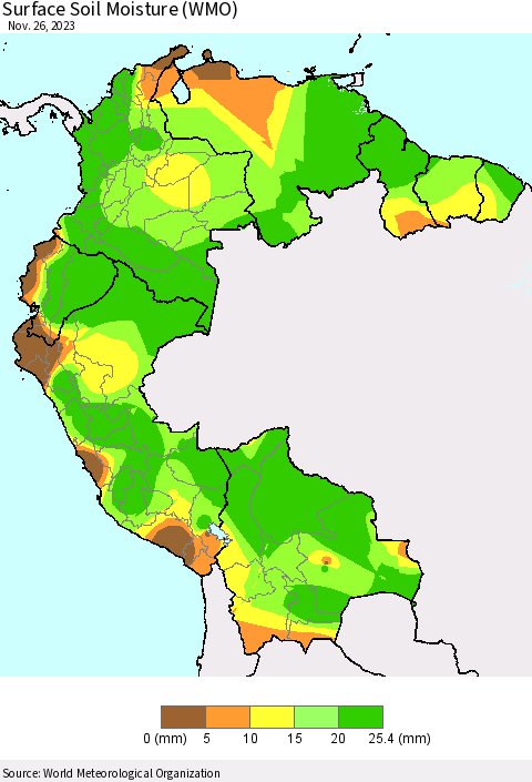 Northern South America Surface Soil Moisture (WMO) Thematic Map For 11/20/2023 - 11/26/2023