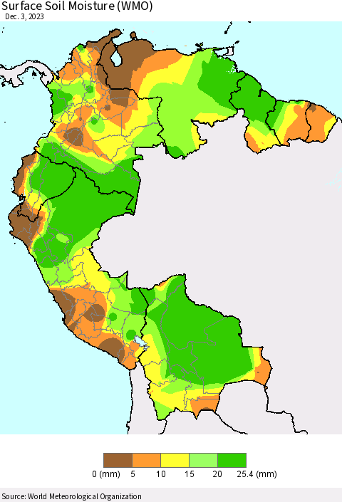Northern South America Surface Soil Moisture (WMO) Thematic Map For 11/27/2023 - 12/3/2023