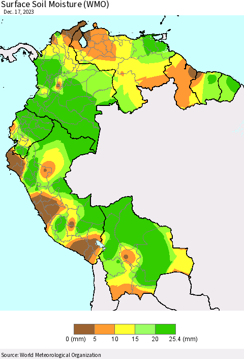 Northern South America Surface Soil Moisture (WMO) Thematic Map For 12/11/2023 - 12/17/2023