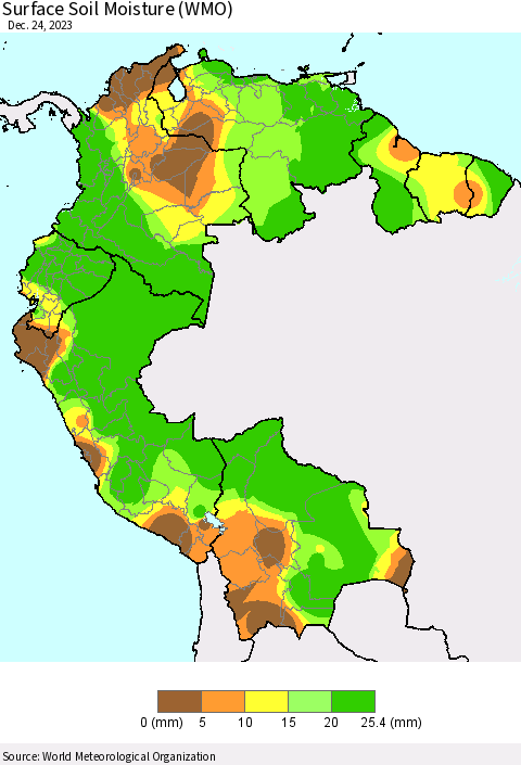 Northern South America Surface Soil Moisture (WMO) Thematic Map For 12/18/2023 - 12/24/2023