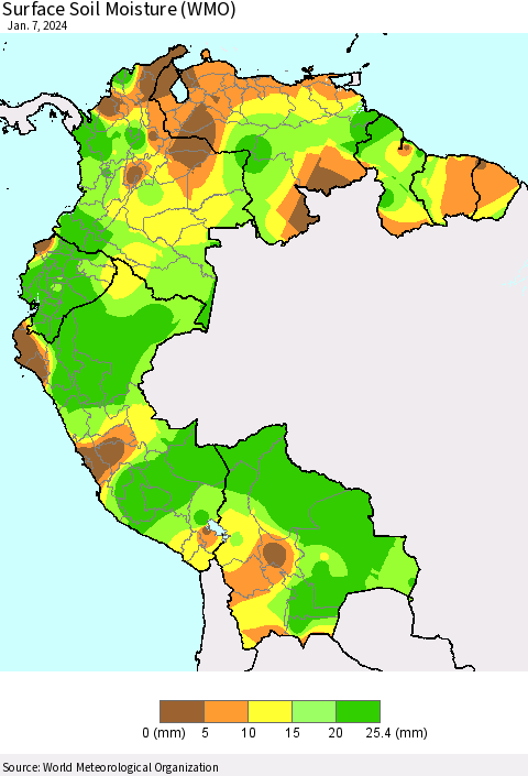 Northern South America Surface Soil Moisture (WMO) Thematic Map For 1/1/2024 - 1/7/2024