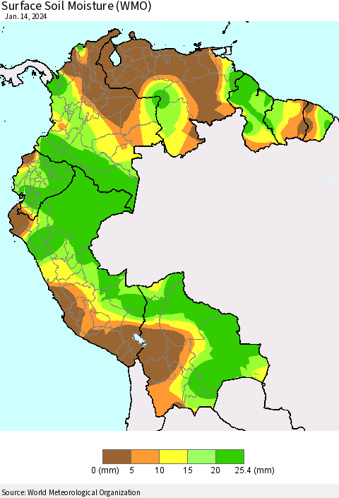 Northern South America Surface Soil Moisture (WMO) Thematic Map For 1/8/2024 - 1/14/2024