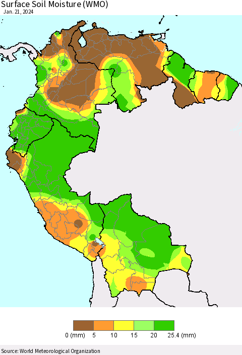 Northern South America Surface Soil Moisture (WMO) Thematic Map For 1/15/2024 - 1/21/2024