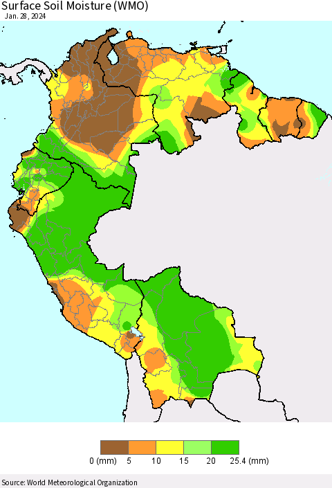 Northern South America Surface Soil Moisture (WMO) Thematic Map For 1/22/2024 - 1/28/2024