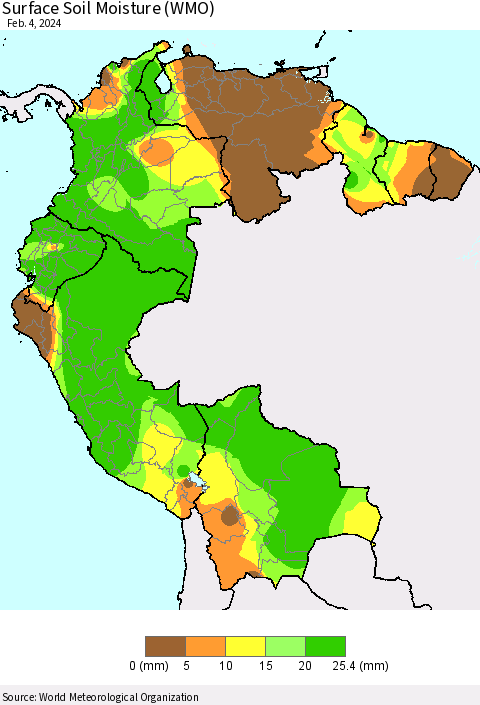 Northern South America Surface Soil Moisture (WMO) Thematic Map For 1/29/2024 - 2/4/2024