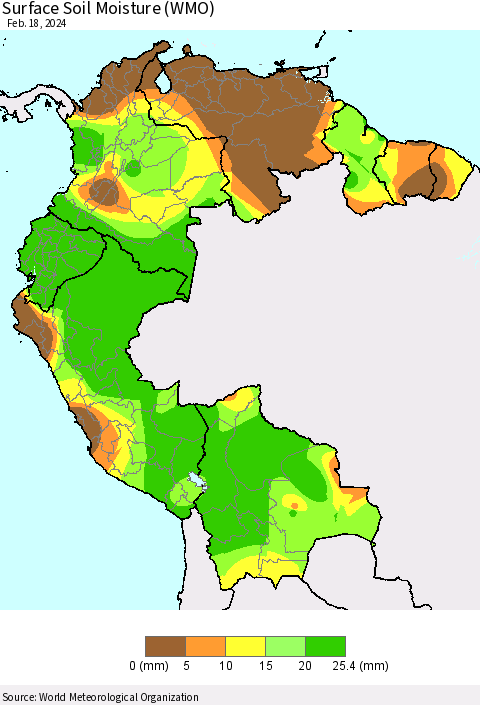 Northern South America Surface Soil Moisture (WMO) Thematic Map For 2/12/2024 - 2/18/2024
