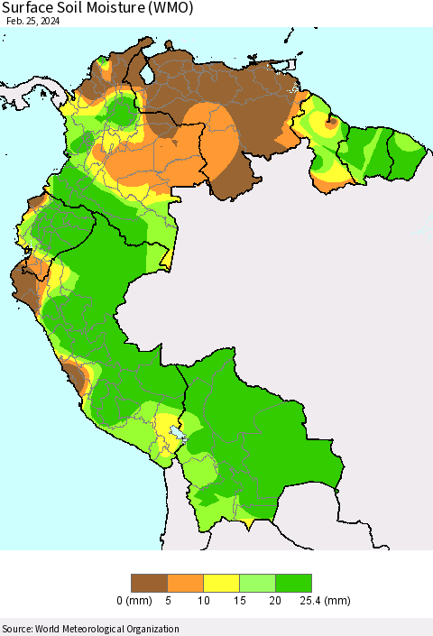 Northern South America Surface Soil Moisture (WMO) Thematic Map For 2/19/2024 - 2/25/2024
