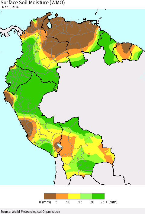 Northern South America Surface Soil Moisture (WMO) Thematic Map For 2/26/2024 - 3/3/2024