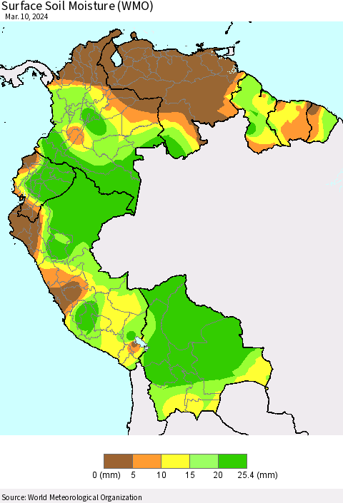 Northern South America Surface Soil Moisture (WMO) Thematic Map For 3/4/2024 - 3/10/2024