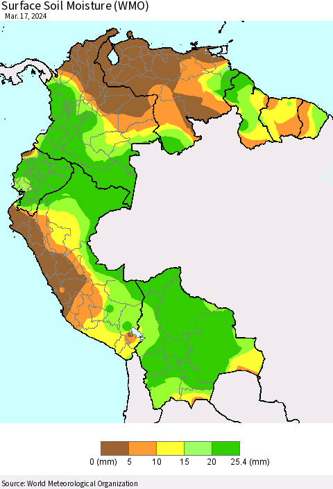 Northern South America Surface Soil Moisture (WMO) Thematic Map For 3/11/2024 - 3/17/2024