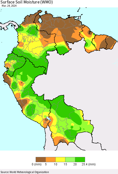 Northern South America Surface Soil Moisture (WMO) Thematic Map For 3/18/2024 - 3/24/2024