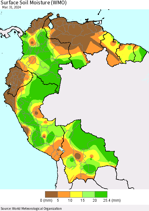 Northern South America Surface Soil Moisture (WMO) Thematic Map For 3/25/2024 - 3/31/2024