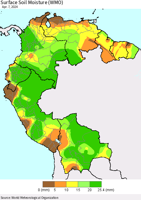 Northern South America Surface Soil Moisture (WMO) Thematic Map For 4/1/2024 - 4/7/2024