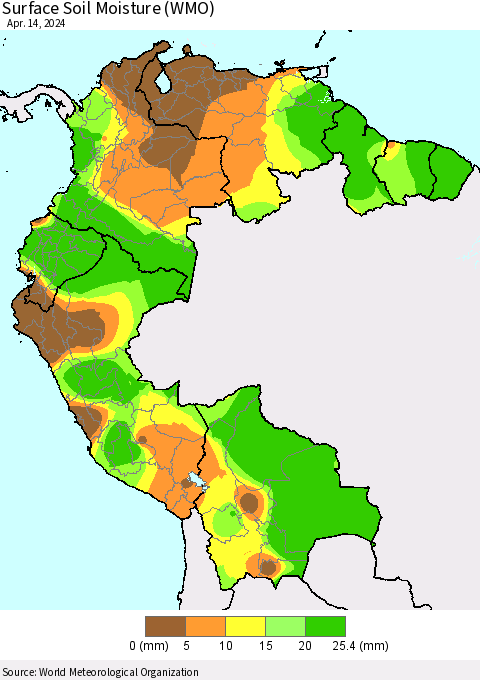 Northern South America Surface Soil Moisture (WMO) Thematic Map For 4/8/2024 - 4/14/2024