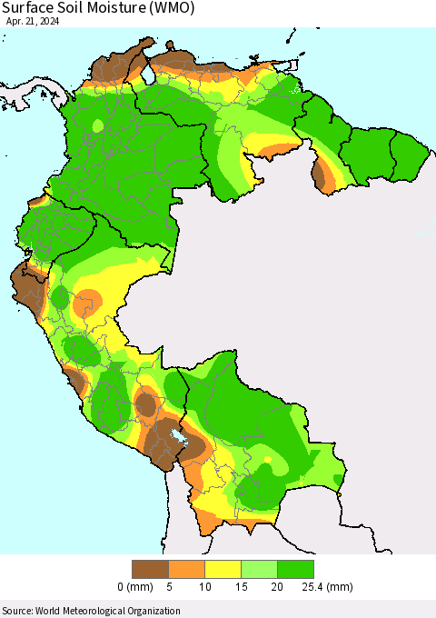 Northern South America Surface Soil Moisture (WMO) Thematic Map For 4/15/2024 - 4/21/2024