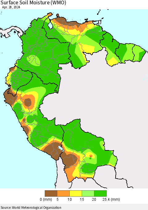Northern South America Surface Soil Moisture (WMO) Thematic Map For 4/22/2024 - 4/28/2024