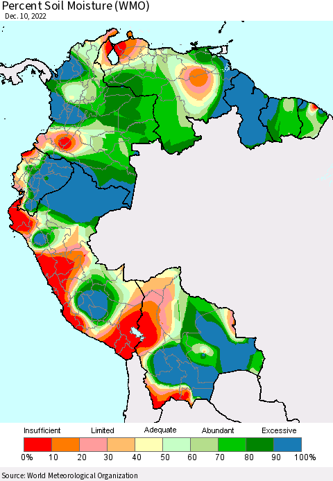 Northern South America Percent Soil Moisture (WMO) Thematic Map For 12/6/2022 - 12/10/2022