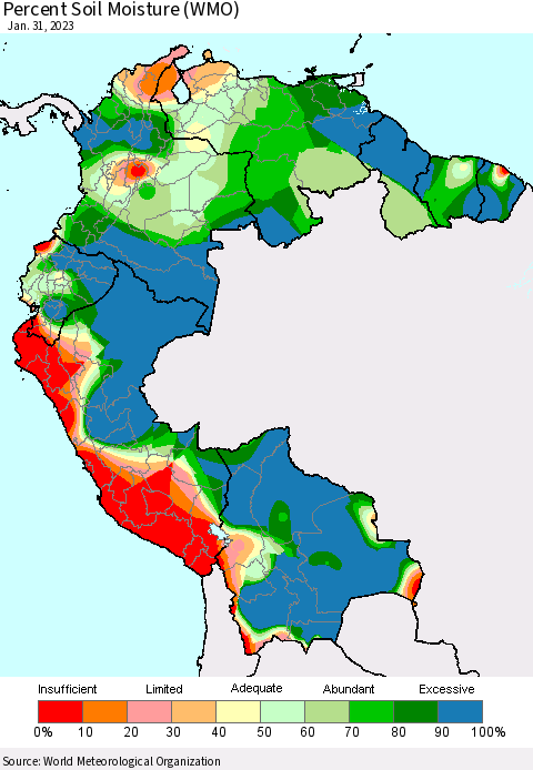 Northern South America Percent Soil Moisture (WMO) Thematic Map For 1/26/2023 - 1/31/2023