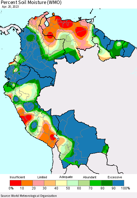 Northern South America Percent Soil Moisture (WMO) Thematic Map For 4/16/2023 - 4/20/2023