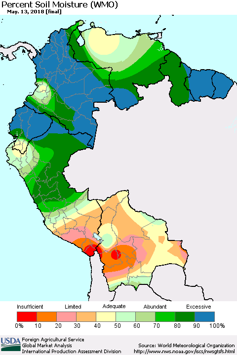 Northern South America Percent Soil Moisture (WMO) Thematic Map For 5/7/2018 - 5/13/2018