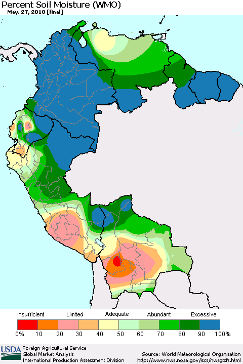 Northern South America Percent Soil Moisture (WMO) Thematic Map For 5/21/2018 - 5/27/2018