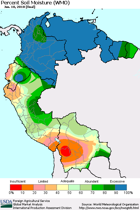 Northern South America Percent Soil Moisture (WMO) Thematic Map For 6/4/2018 - 6/10/2018