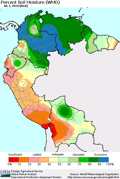 Northern South America Percent Soil Moisture (WMO) Thematic Map For 6/25/2018 - 7/1/2018