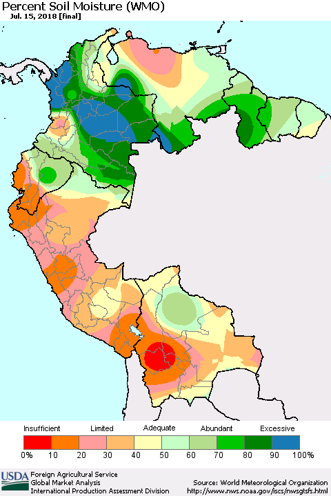 Northern South America Percent Soil Moisture (WMO) Thematic Map For 7/9/2018 - 7/15/2018