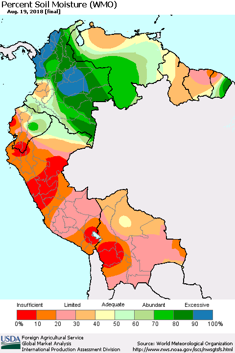 Northern South America Percent Soil Moisture (WMO) Thematic Map For 8/13/2018 - 8/19/2018