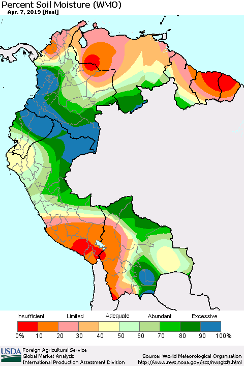 Northern South America Percent Soil Moisture (WMO) Thematic Map For 4/1/2019 - 4/7/2019