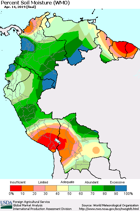 Northern South America Percent Soil Moisture (WMO) Thematic Map For 4/8/2019 - 4/14/2019