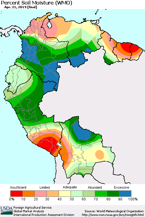 Northern South America Percent Soil Moisture (WMO) Thematic Map For 4/15/2019 - 4/21/2019