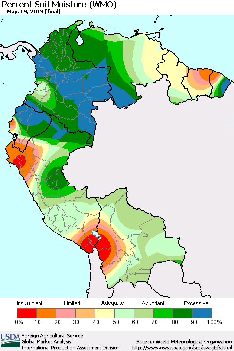 Northern South America Percent Soil Moisture (WMO) Thematic Map For 5/13/2019 - 5/19/2019