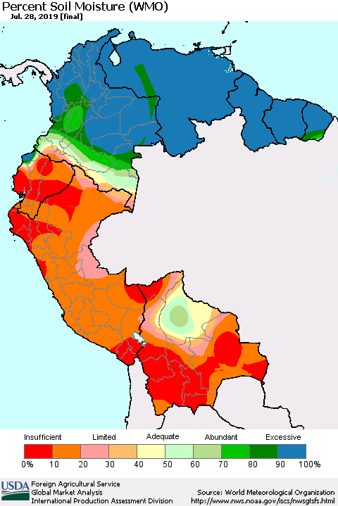 Northern South America Percent Soil Moisture (WMO) Thematic Map For 7/22/2019 - 7/28/2019
