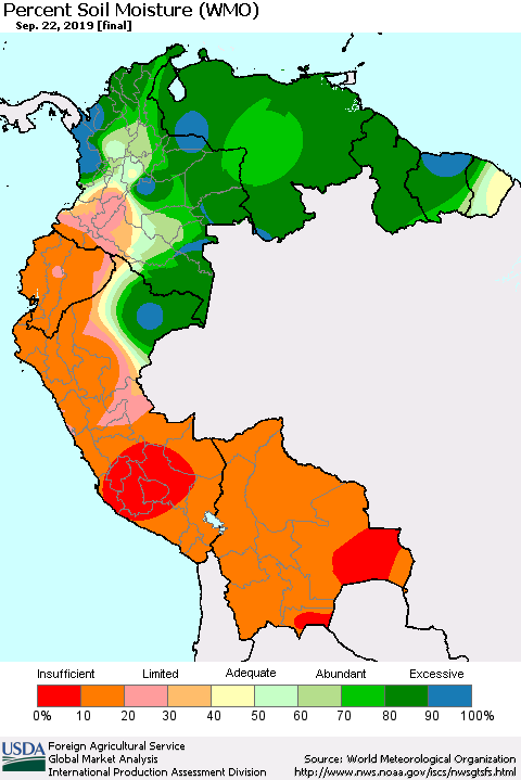 Northern South America Percent Soil Moisture (WMO) Thematic Map For 9/16/2019 - 9/22/2019
